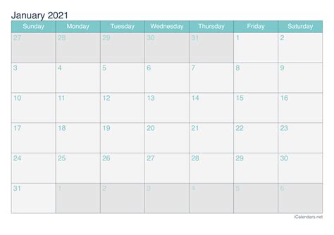 January 2021 Printable Calendar - icalendars.net