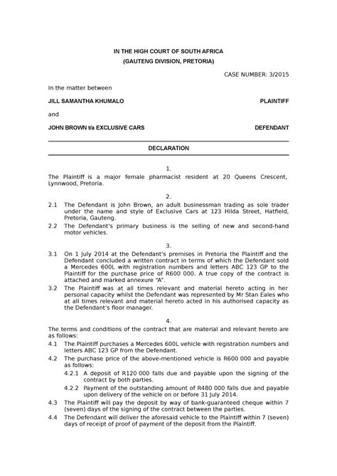 Declaration Plea and Replication - IN THE HIGH COURT OF SOUTH AFRICA ...