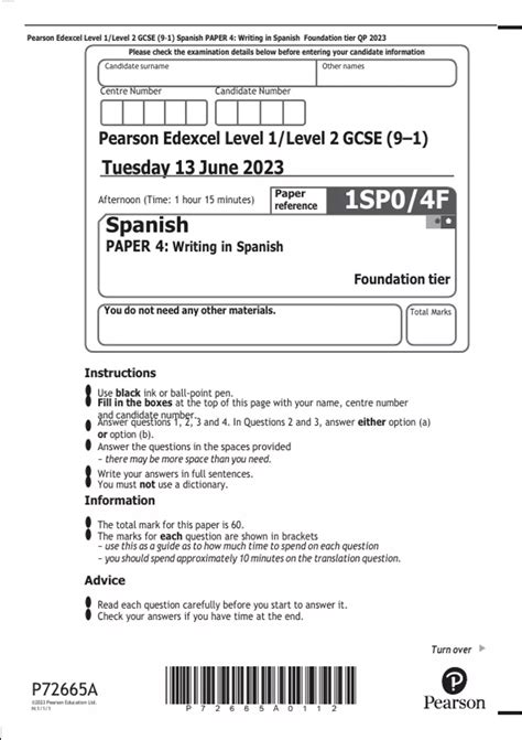 Pearson Edexcel Level 1/Level 2 GCSE (9–1) Spanish PAPER 4: Writing in ...