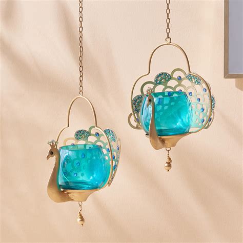 Buy Mayur Set of 2 Glass & Metal Peacock Hanging T-Light Holders from ...
