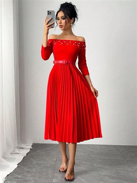 Calvaya Red Off-Shoulder Puff Beading Waist Pleated Dress | SHEIN USA