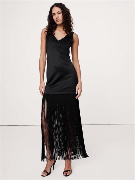 Fringe Stretch-Satin V-Neck Maxi Dress | Banana Republic