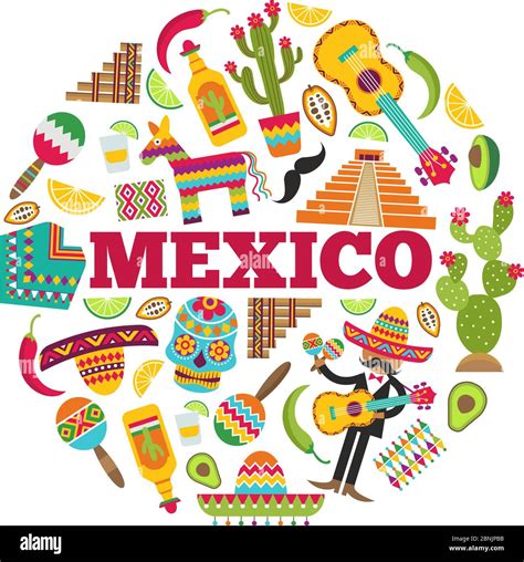 Mexican symbols. Circle shape with various colored pictures of mexican ...
