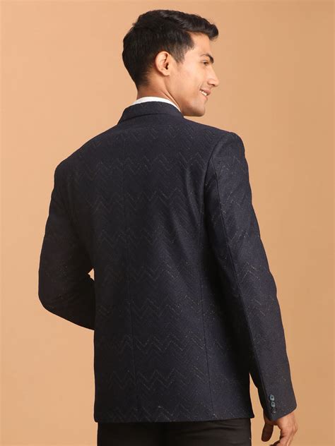 Vastramay Men's Navy Blue Zig Zag Glitter Silk Blend Blazer – vastramay