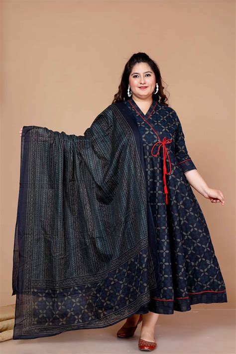 Women'S Plus Size Abstract Printed & Tasseles Angrakha Kurta With Blue ...