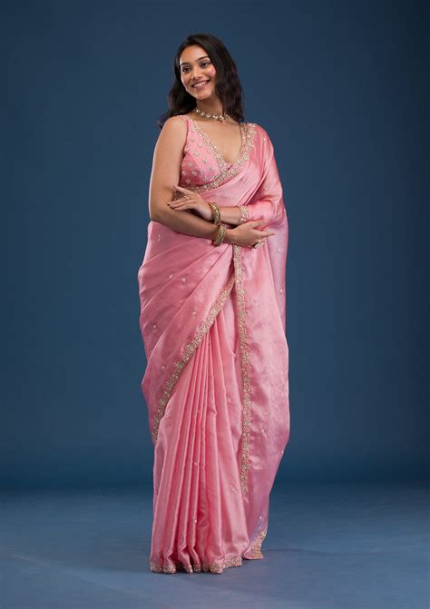 Buy Baby Pink Pearlwork Tissue Saree - Koskii