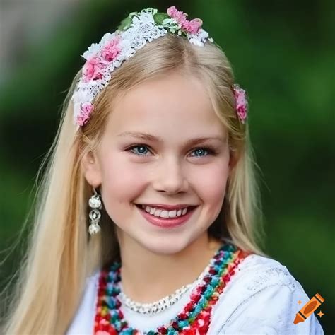 Portrait of a smiling Swedish girl in traditional dress on Craiyon