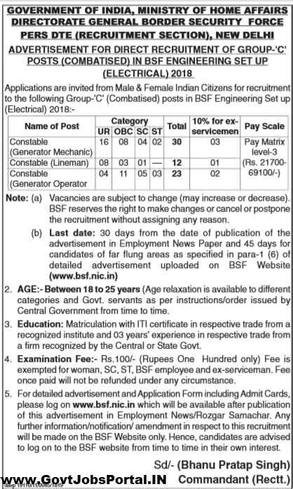 BSF Recruitment for 55 Constable Posts in Engineering Setup 2018
