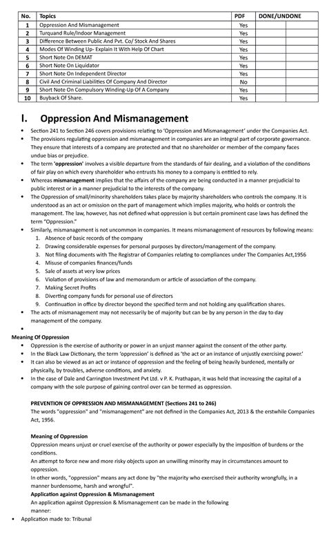 Company LAW Internal Notes - No. Topics PDF DONE/UNDONE 1 Oppression ...