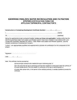 Swimming Pool Filtration System Certification Form - Blank Fillable ...