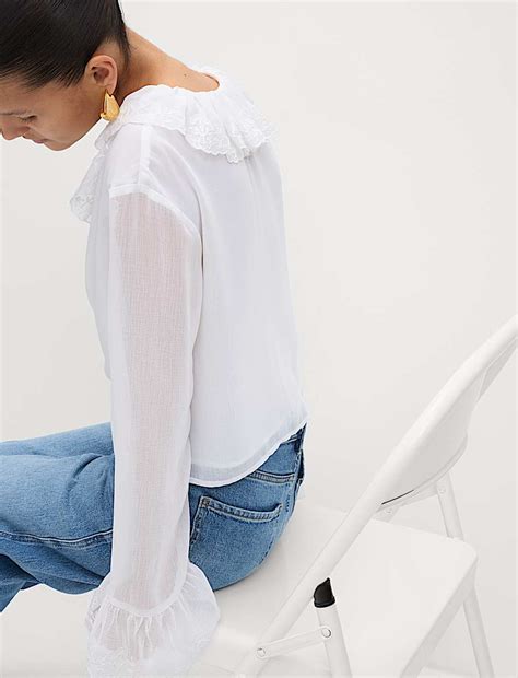 Buy Frill Neck Broderie Button Through Blouse at Marks & Spencer