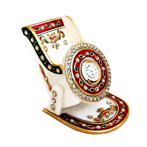 Handicrafts Paradise Meena Work Marble Mobile Holder with Clock (9.5 cm ...