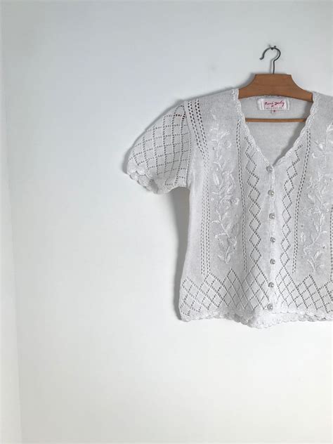 Vintage white cotton cardigan / short sleeve button down vest / french ...