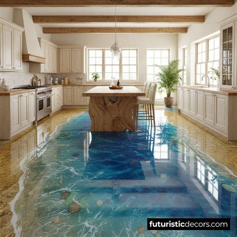Epoxy Ocean Kitchen Flooring with LED Accents for a Magical Look