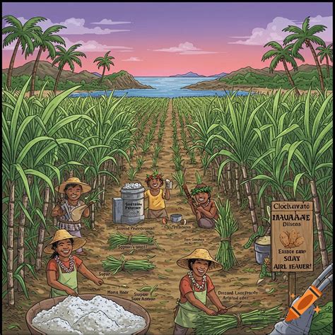 Sugar plantation with a Hawaii background drawing on Craiyon