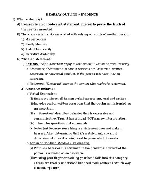 Hearsay Outline - HEARSAY OUTLINE – EVIDENCE I) What is Hearsay? A ...
