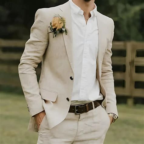 Men's Tuxedos Linen Suits Beach Wedding Wedding Beige Spring, Fall ...
