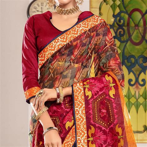 Beautiful Multi Colored Partywear Embroidered Silk Saree