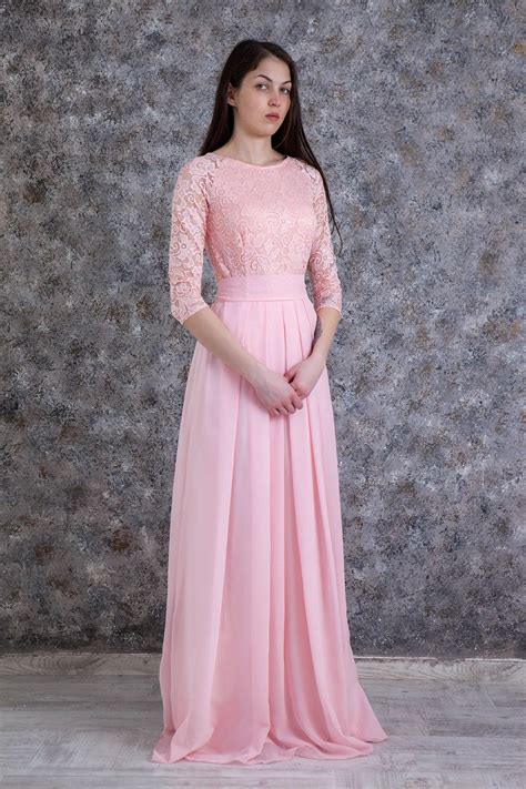 Dawn Blush Pink Lace Modest Prom Dress with Sleeves in 2021 | Blush ...