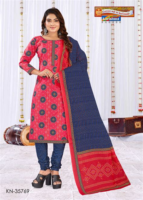 Buy Red And Blue Pure Cotton Unstitched Dress Material With Traditional ...
