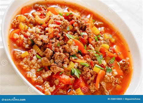 Hamburger Soup with Barley and Vegetables in Bowl Stock Image - Image ...