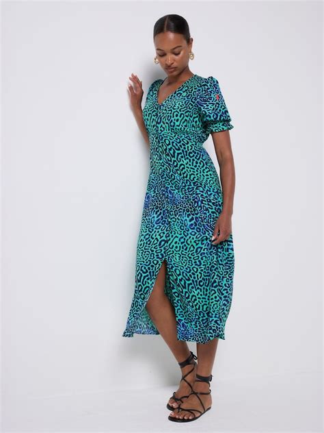 Buy SCAMP & DUDE Green Wild Cheetah Flute Sleeve Midi Tea Dress from ...