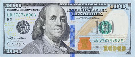 Portrait of US president Benjamin Franklin on 100 dollars banknote ...