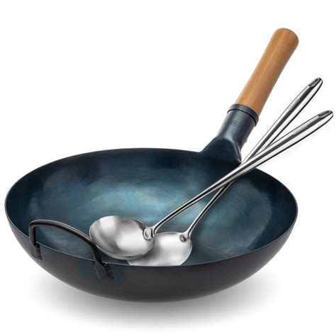 Blue Carbon Steel Wok 13,5-inch+Spatula and Ladle Set | Yosukata