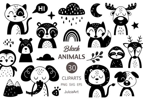 Black and White Animal Clipart Scandinavian Woodland Animals | Etsy