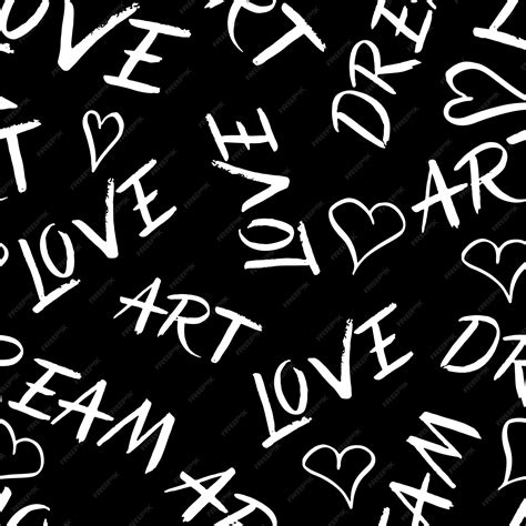 Бесшовный узор с рукописными буквами слова Love Art Dream и сердца на ...