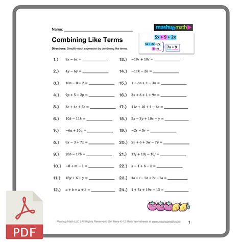 Combining Like Terms Worksheets—Printable with Answers — Mashup Math