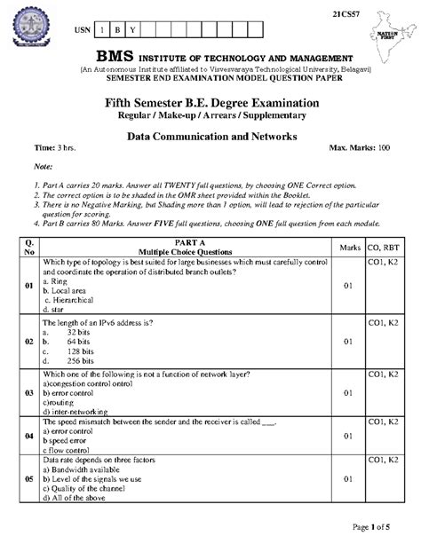 21CS57 Data Communication & Networks Model Question Paper - Studocu