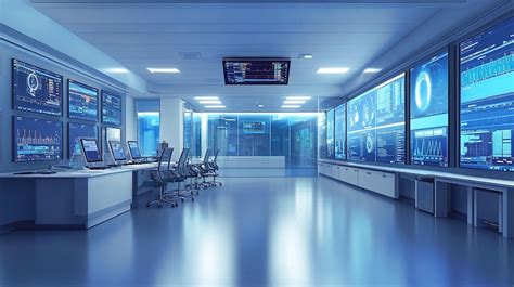 An advanced hospital control room with multiple screens monitor ...