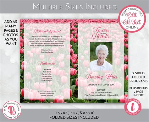 Pink Tulip Field Funeral Program Template, Obituary Program ...