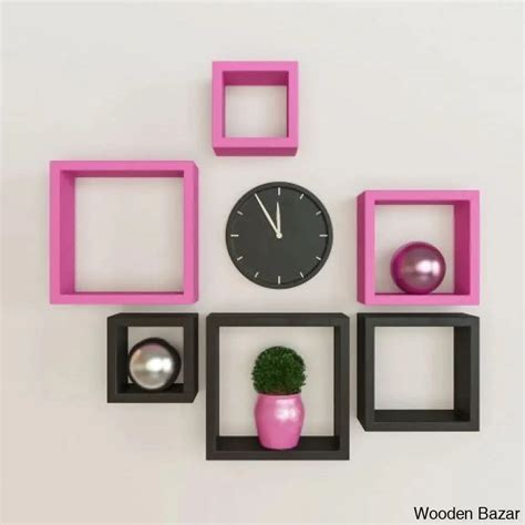 Wall Shelves Nesting Square Shape Set of 6 Wall Racks Shelves - Pink B