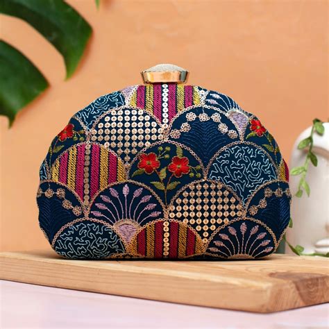 Blue Sequins Embroidery Half Moon Clutch - Artklim