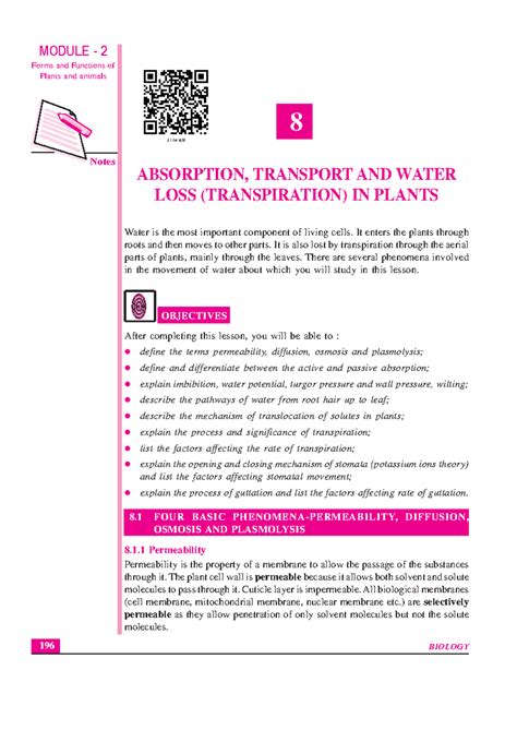 Bio8 - Absorption, Transport & Water Loss in Plants Notes - Studocu