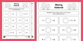 First Grade Winter Missing Addends to 20 Worksheet