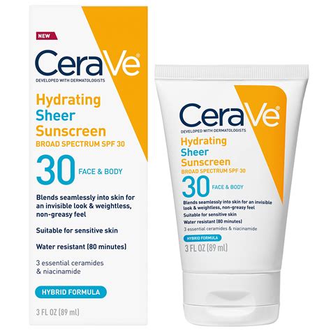 CeraVe Hydrating Sheer Sunscreen SPF 30 for Face and Body | Mineral ...
