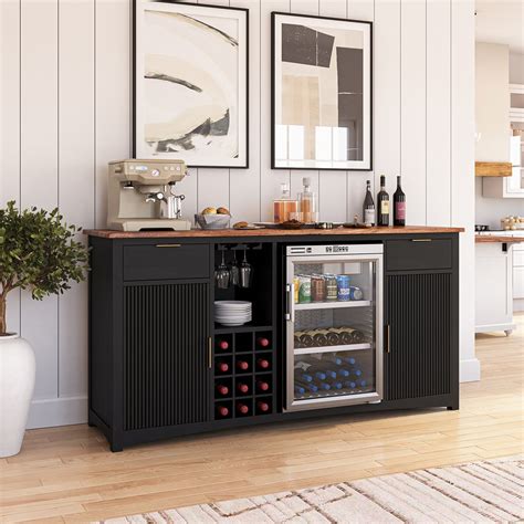 84 Inch Gary Modern Black Bar Cabinet with Mini Fridge Space | Dry bar ...