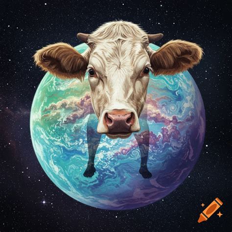 A cow's head on a planet's body with human feet floating in space. on ...