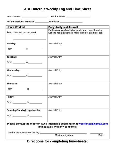 AOIT Intern Weekly Log and Time Sheet - Blank Fillable Template | Fill ...