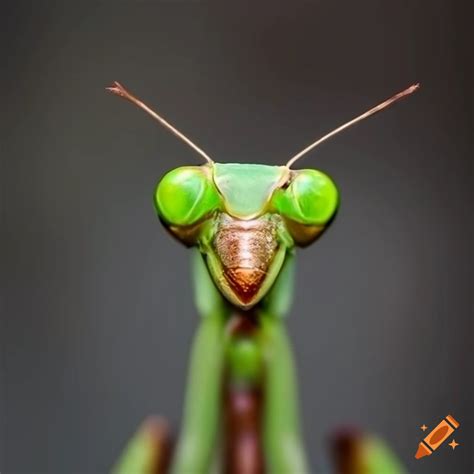Close-up of a praying mantis face on grey backdrop in high definition ...