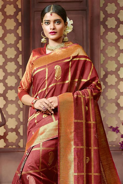 Buy Maroon Cotton Saree 57393 Online | Karagiri