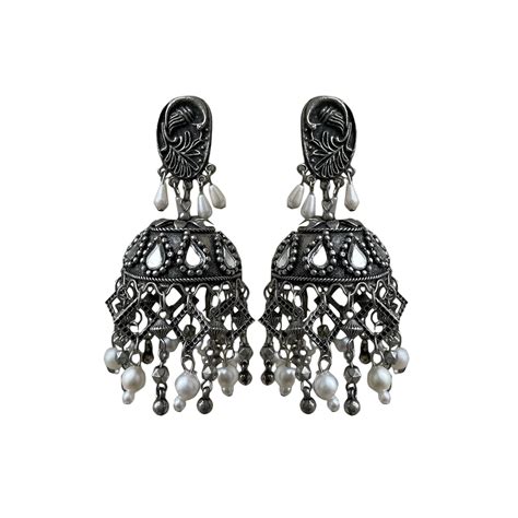 Buy UnfoldSelf Oxidised Crescent Moti Pearl Jhumki Earring | Earrings ...