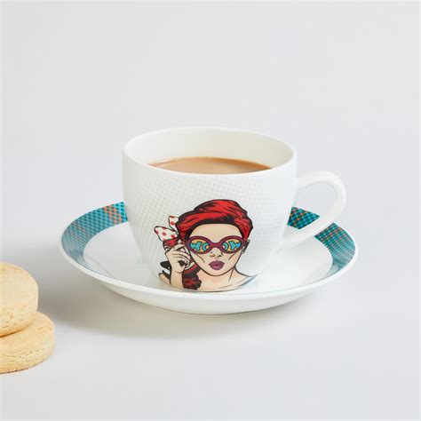 Buy Raisa Comic White Printed Bone China Cup and Saucer - 220ml - 2pcs ...