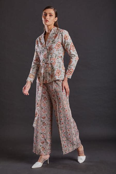 Buy Beige Linen, Cotton Embroidery Pistachio Floral Print Blazer And ...