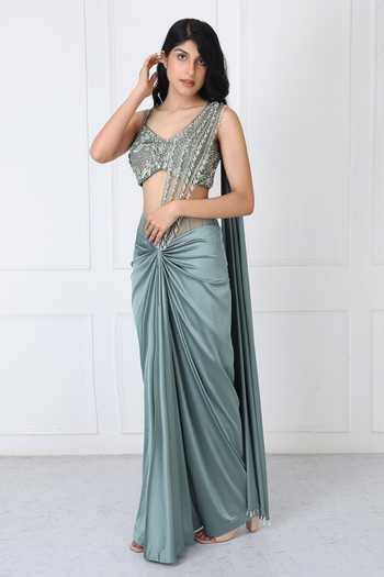 Buy Green Satin, Net V-neck Viridian Pre-draped Saree With Embroidered ...