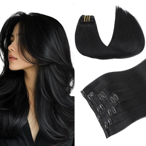 Amazon.com : PINKPEARL Clip in Hair Extensions Real Human Hair #1 Jet ...