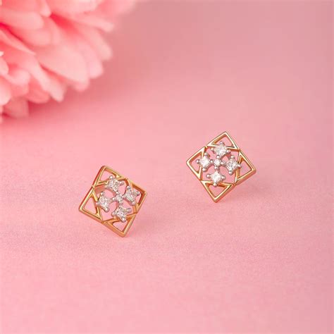 Chic Square Gold & Diamond Stud Earrings